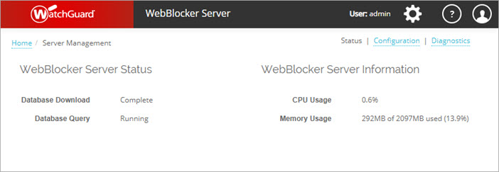 Screenshot of the Server Management page Status tab