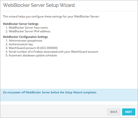 Screenshot of the WebBlocker Server Setup Wizard.