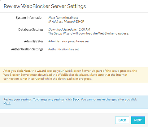 Screenshot of the  Review WebBlocker Server Settings page.