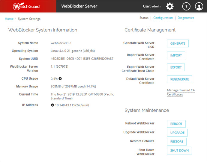 Screenshot of System Settings page Status tab.