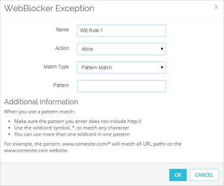 Screen shot of the WebBlocker Exception dialog box