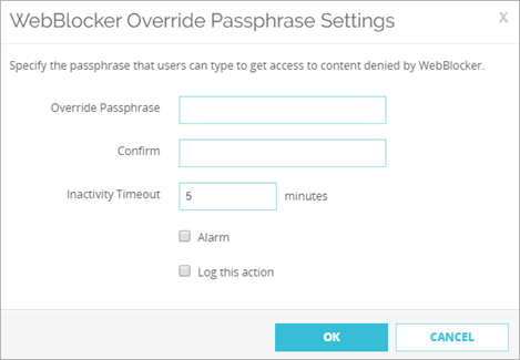 Screen shot of the WebBlocker Override Passphrase Settings dialog box