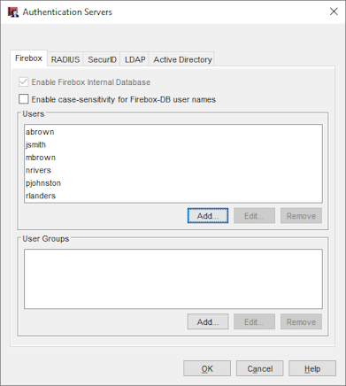 Authentication Servers dialog box with users added