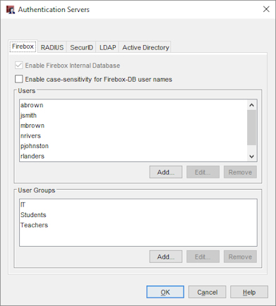 Screen shot of the Authentication Servers dialog box with added groups