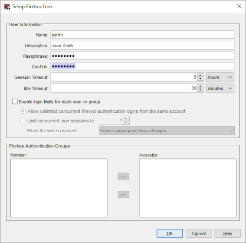 Setup Firebox User dialog box
