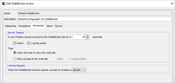 Screenshot of WebBlocker action configuration.