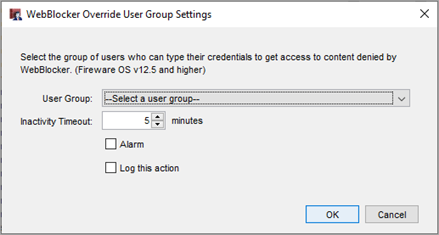 Screen shot of the WebBlocker Override User Group Settings dialog box