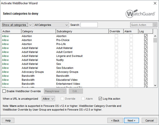 Screen shot of the Activate WebBlocker Wizard select categories to deny page.