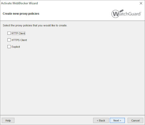 Screen shot of the Activate WebBlocker Wizard create new proxy policies page.