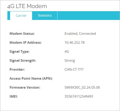 Screen shot of the System Status > 4G LTE Modem > Carrier tab in Fireware Web UI