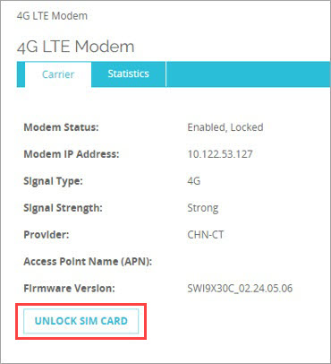 Screen shot of the 4G LTE Modem statistics page with a locked SIM card in Fireware Web UI