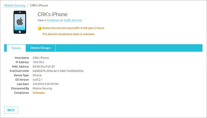 Screen shot of the Mobile Security > Device Details page