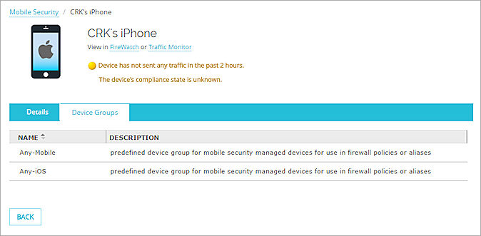 Screen shot of the Mobile Security > Device Groups page