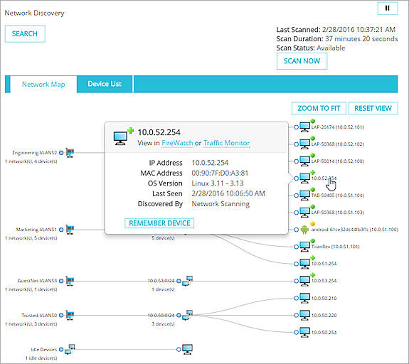 Screenshot of the network map with device found by a network scan