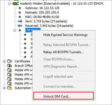 Screen shot of the 4G LTE Modem statistics page with a locked SIM card in Fireware System Manager