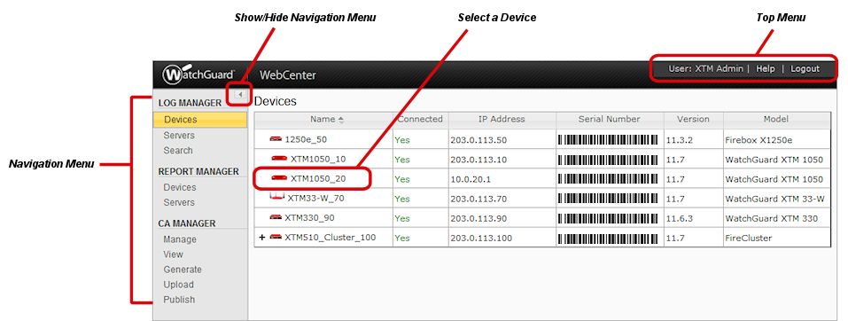 Screen shot of the WatchGuard WebCenter LOG Manager > Devices page