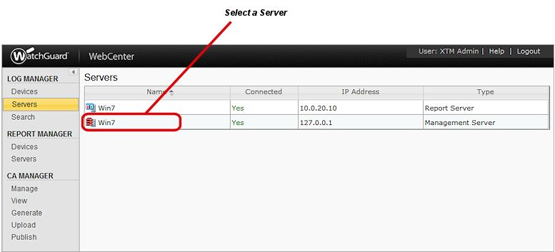 Screen shot of the Log and Report Manager Logs > Servers page