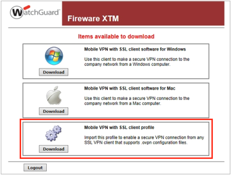 Screen shot of Firebox VPN proflile download page