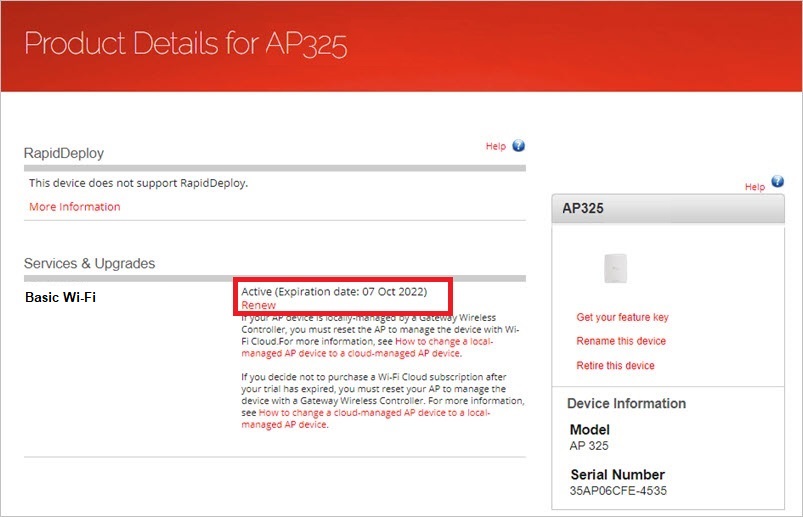 Screen shot of the AP details in the WatchGuard Products account page