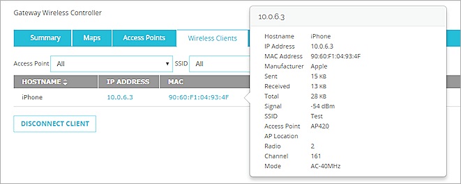 Screenshot of the Wireless Client monitoring page in Gateway Wireless Controller