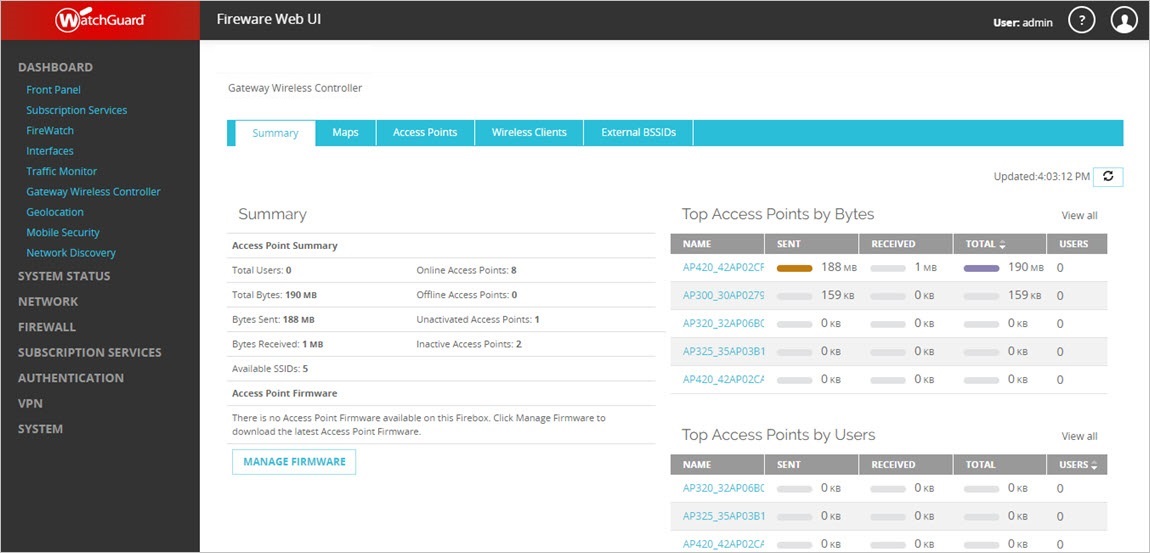 Screen shot of the Gateway Wireless Controller Dashboard page - Summary tab.