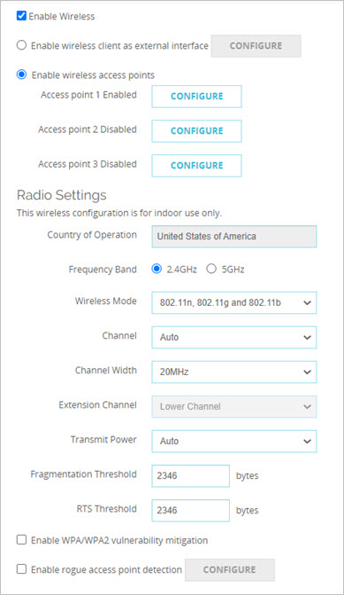 Screen shot of the Wireless configuration page for a single radio Firebox