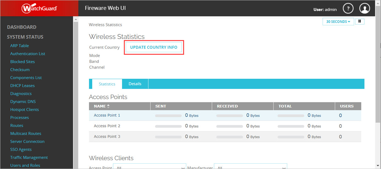 Screen shot of the Wireless Statistics page and the Update Country Info button in Fireware Web UI