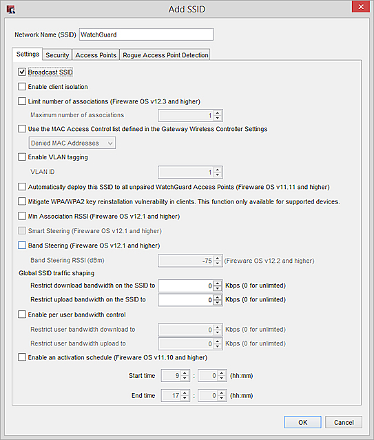 Screen shot of the Add SSID dialog box, Settings tab