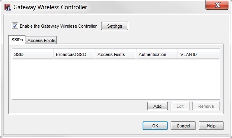 Screen shot of the Gateway Wireless Controller dialog box, SSIDs tab