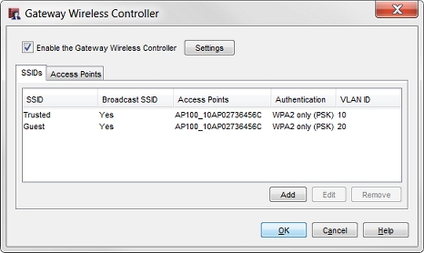 Screen shot of the SSIDs tab with two SSIDs configured on two VLANs