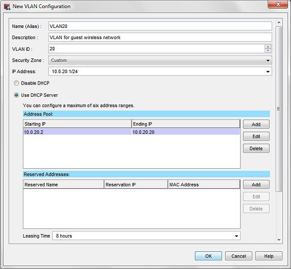 Screen shot of the New VLAN Configuration dialog box for VLAN20