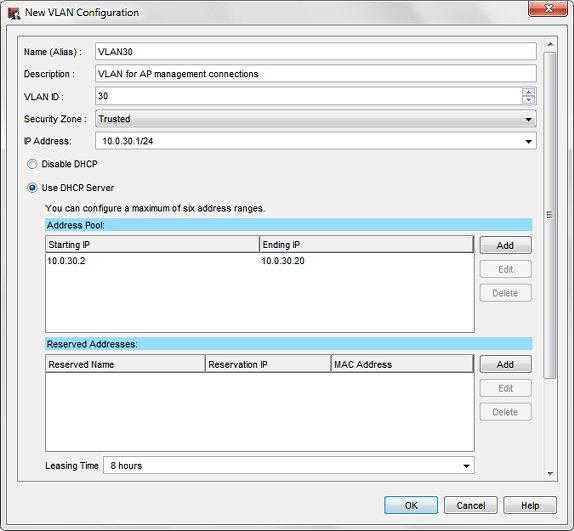 Screen shot of the VLAN Configuration dialog box for VLAN30