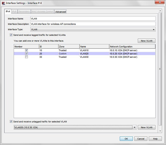 Screen shot of the Interface Settings dialog box for the VLAN interface