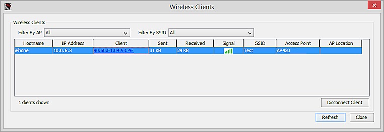 Screen shot of the Wireless Clients tab with one client selected
