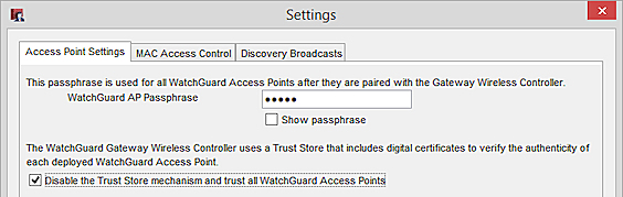Screen shot of Policy Manager - Gateway Wireless Controller settings - Disable Trust Store