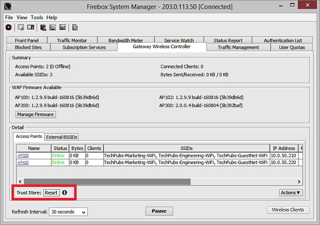 Screen shot Firebox System Manager - Gateway Wireless Controller - Reset Trust Store