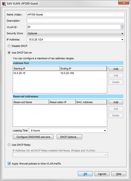 Screen shot of the Edit VLAN dialog box for the AP100-Guest VLAN