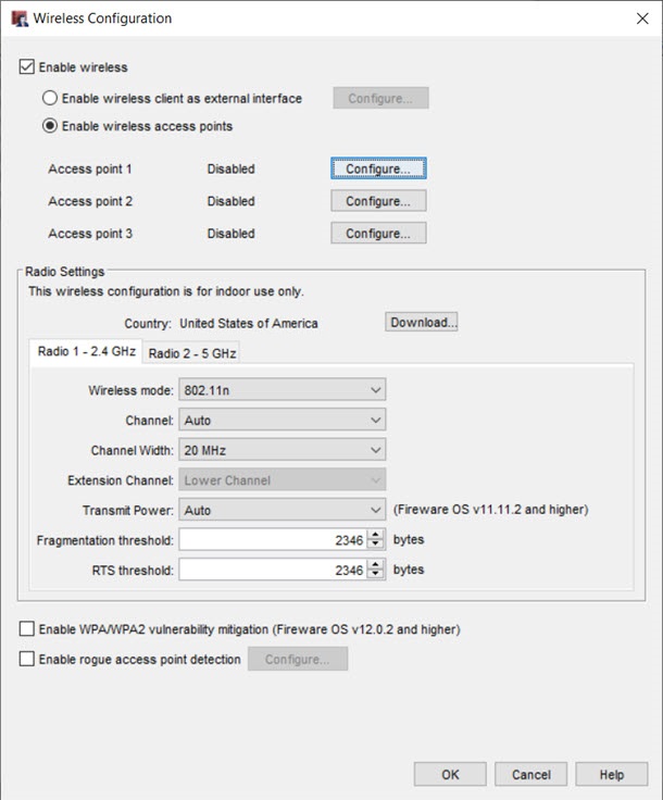 Screen shot of the Wireless settings dialog box