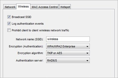 Screen shot of the Wireless tab Enterprise Authentication settings for Single Radio Firebox