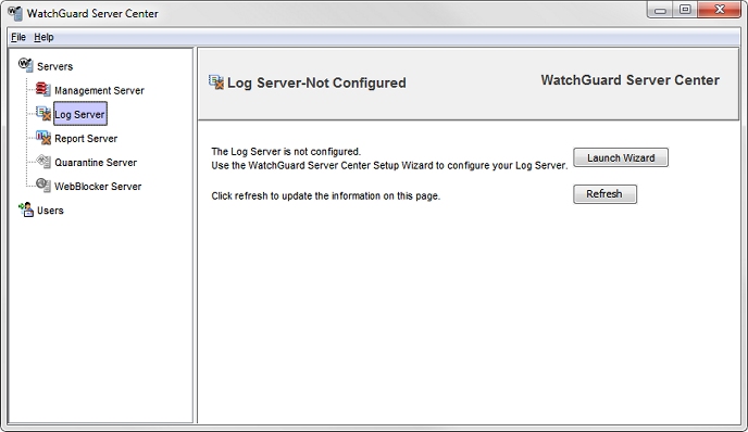 Screen shot of the Log Server page with the Launch Setup Wizard for Log Server message