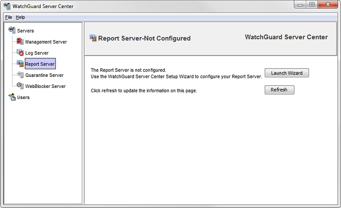 Screen shot of the WatchGuard Server Center Report Server page, with the Launch Setup Wizard for Report Server message