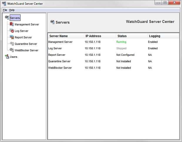 Screen shot of the WatchGuard Server Center Servers page, with the Report Server not configured message