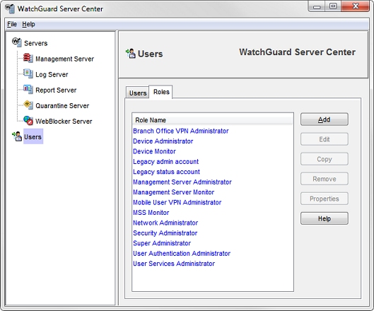 Screen shot of the WatchGuard Server Center User Roles page