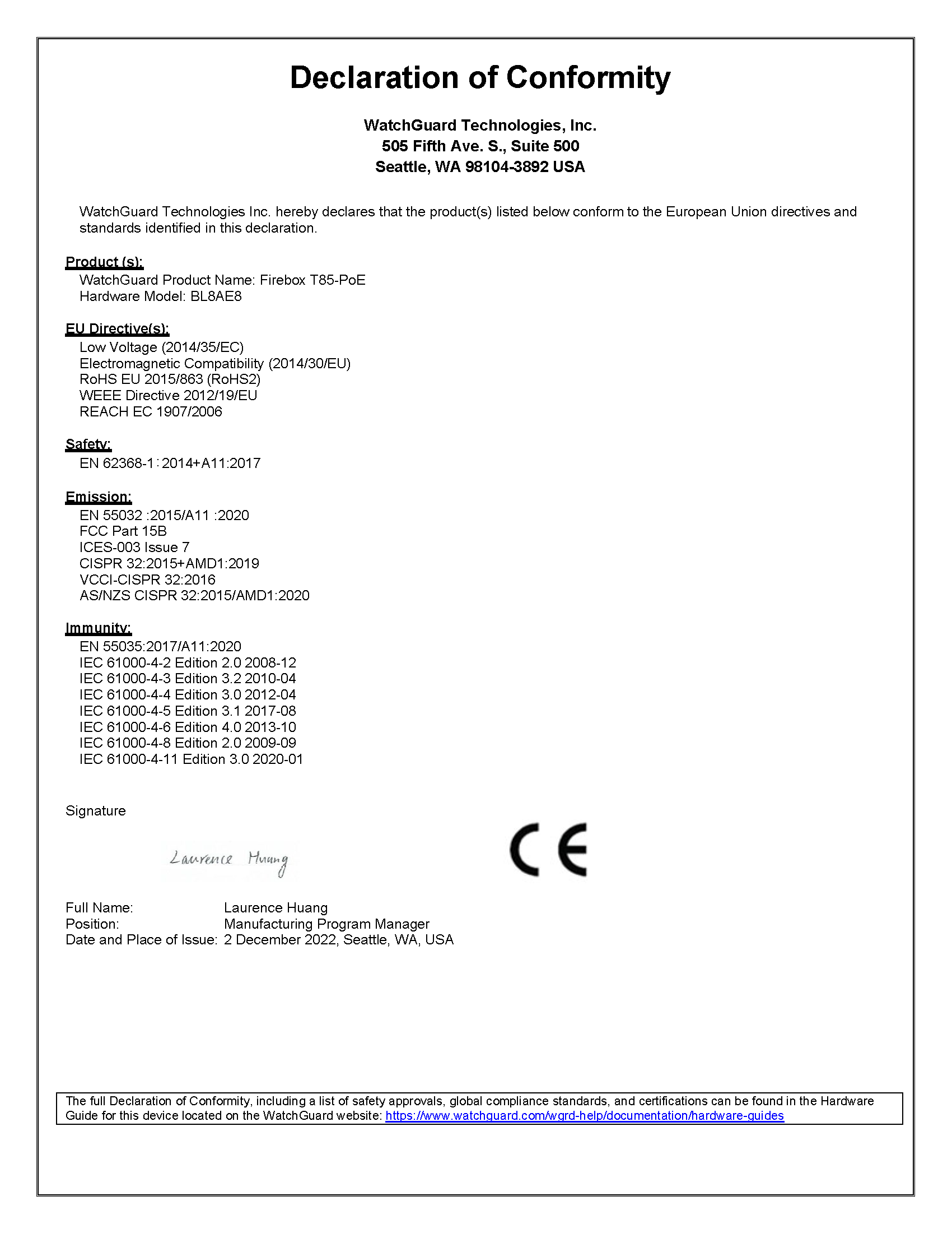 T85 Declaration of Conformity