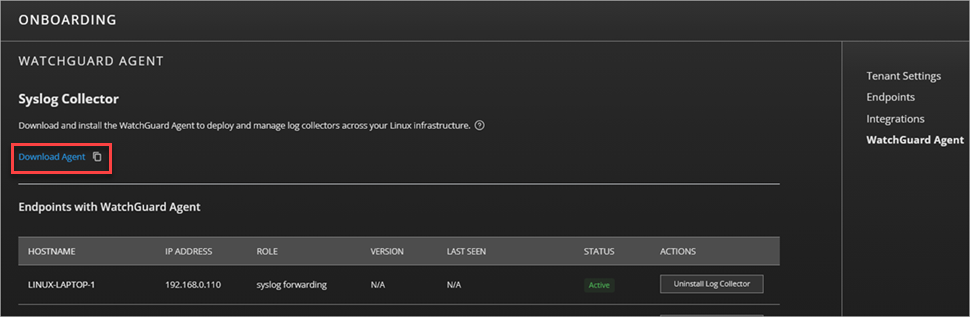 Screenshot of the WatchGuard Agent page that shows the installer option