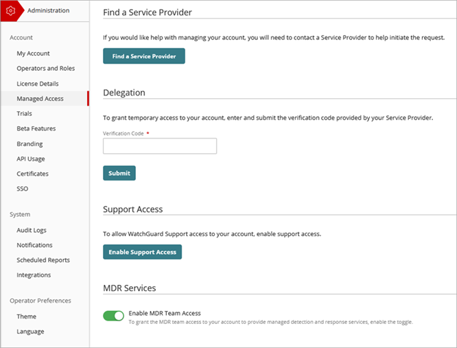 Screen shot of WatchGuard Cloud, Managed Services access