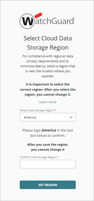 Screenshot of Confirm Cloud Data Storage Region page