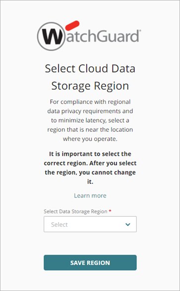 Screenshot of Select Cloud Data Storage Region page