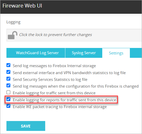 Screenshot of the Logging > Settings tab in Fireware Web UI