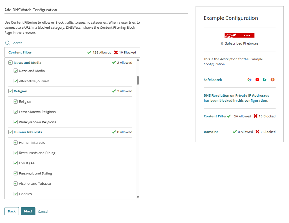 Screenshot of the Content Filter page of the Add DNSWatch Configuration wizard.
